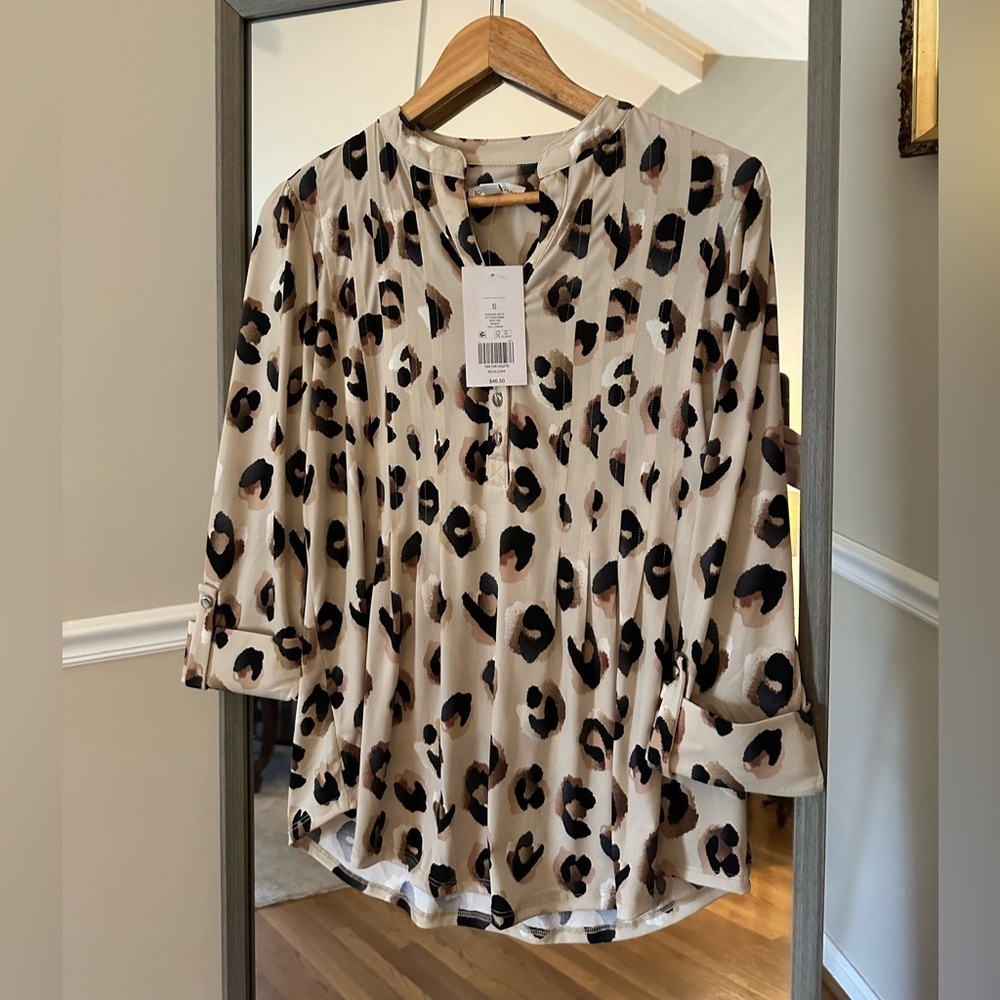 Kim Rogers Leopard Print Blouse Tan Black